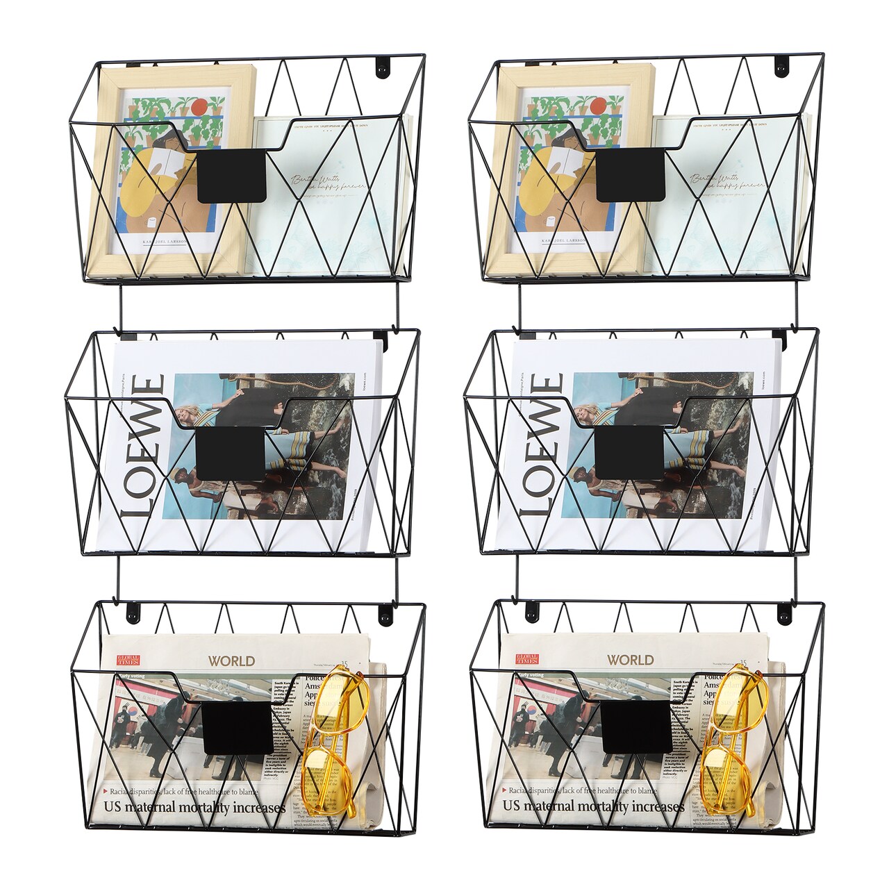 3-Tier Wall-Mounted Wire File Organizer, Black Metal Hanging Basket Set